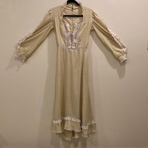 Vintage 1970s Prairie Dress Calico Yellow Lavender Eyelet Victorian Style